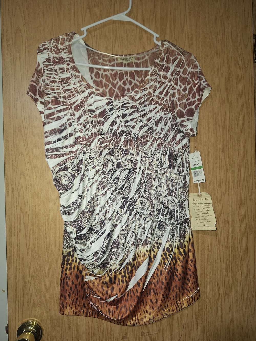 ONE WORLD Brown and Cream Animal Print Short Sleeve Top